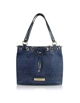 Roccobarocco Wording - All Over Signature Canvas Drawstring Tote Bag Blue