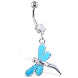 Belly ring with dangling light blue dragonfly