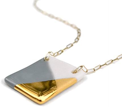 Large Gray and Gold Square Necklace, Handmade Gold and Porcelain Square Necklace