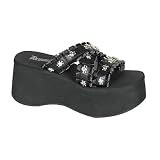 Demonia Shoes Women's MOLLY-06, 3 1/2 Ruffled 3 Strap Skull & Bones Black Pu Sandal