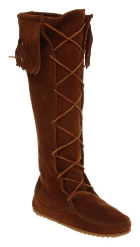 Minnetonka Fringe Lace Up Knee Boot