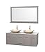 60" Double Bathroom Vanity in Gray Oak, White Carrera Marble Countertop, Arista Ivory Marble Sinks, and 58" Mirror