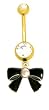 Stainless Steel Belly Ring with Clear Crystals - Black Ribbon Dangling