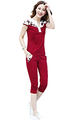 春夏秋 パンツスーツ セットアップ 3色 バイカラー ツーピース 花柄ステッチ Ｖネック 半袖Tシャツ 七分丈パンツ スポーツレジャースーツ ジャージ スウェット カジュアル クマのぬいぐるみ付き K-3195