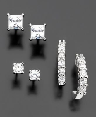 Set of Sterling Silver Cubic Zirconia Stud Earrings (1/3 ct. t.w. and 3/4 t.w.) and Hoop Earrings (1 ct. t.w.)