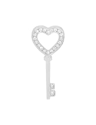 14k White Gold, Modern Design Heart Key Pendant Charm Lab Created Gems 12mm Wide