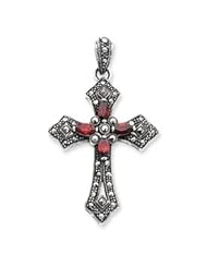 Sterling Silver Red CZ & Marcasite Cross Pendant