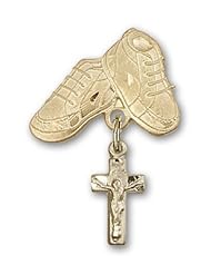 14K Gold Baby Badge with Crucifix Charm and Baby Boots Pin