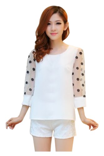 CA Fashion Women's White 3/4 Sleeve Blouse Shirts Tops Shorts Suit