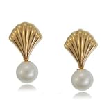 14KT Yellow Gold Oriental Fan White Pearl Stud Earrings