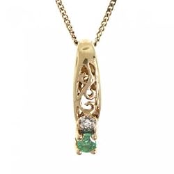 Genuine Emerald & Diamond Pendant Necklace Filigree Design in Gold