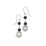 Cultured Freshwater Pearl and Black Onyx Sterling Silver Earrings