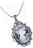Victorian Vintage Style Gray Cameo Lady Pendant Necklace - Gray Austrian Crystals - Hematite Finish & 18 - 21 Chain
