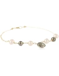 Linked Center Pyrite and White Freshwater Cultured Pearls on Gold over Silver Chain Bracelet, 7.5"