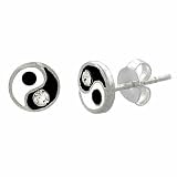 Sterling Silver cz Small Mini Yin Yang Chinese Symbol Kid Stud Earrings