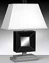 Modern 29" Square Black Leather w/ Mirrored Face Table Lamp with White fabric laminated to rectangular styrene hardback, (FREE SHIPPING)