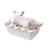 White Ceramic Soap Dish with Removable Tray and Bird