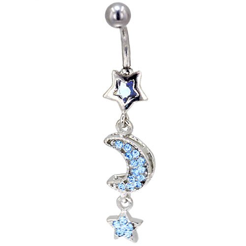 Light Blue Crystal Moon And Stars Dangle Belly Ring