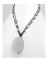 White Cotton Waxed Thread Natural Stone Necklace In Brass