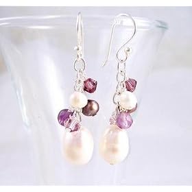 Click here to buy Sterling Silver Pearls, Swarovski Crystals, and Amethyst Stone Cluster with Pearl Drop Earrings by Sosi B..