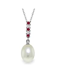 14K Gold Genuine Pearl, Rubies & Diamonds Drop Pendant Necklace