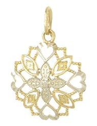 14k Gold Necklace Charm Pendant, Small White Center Flower With Cut-out Heart Ed