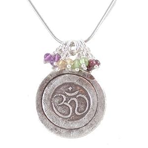 Round Om (Aum) Pendant in Sterling Silver with Beads of Garnet, Peridot, Citrine and Amethyst on 30" Rhodium and Sterling Snake Chain, #8168