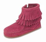 Double Fringe Side Zip Booties for Infants by Minnetonka Moccasins in Hot Pink Suede