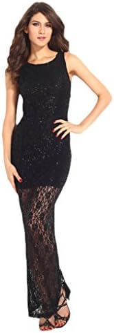 SWTCLOTH Women's Ladies Fashion Sleeveless Backless Lace See Through Sexy Long Dress M