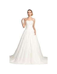 A-line Strapless Sleeveless Ruched Lace-Up Applique Beaded Polyester/Taffeta/Tulle Full Length Wedding Dress  with a Court Train 