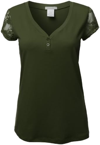 Doublju Plus Womens Basic Short Sleeve Loose Fit V-Neck Henley T-Shirt Plus Size Olive XL