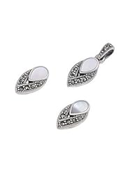 Sterling Silver Pearl Inverted Tear Drop Stone Vintage Style Marcasite Earring Pendant Set