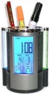 UR Digital LCD Desk Alarm Clock Mesh Pen Holder Pens Office LED Light