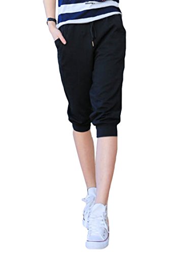Pink Queen® Juniors Black Solid Elastic Waistband Active Capri Sweatpants L