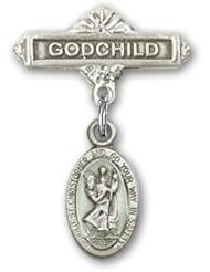 Sterling Silver Baby Badge with Blue St. Christopher Charm and Godchild Badge Pin