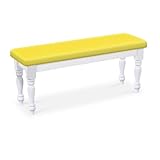 Wood Country Style White Farmhouse Dining Bench with Yellow Vinyl Cushion