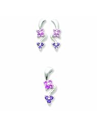 Genuine .925 Sterling Silver Pink & Purple CZ Flower Earrings and Pendant Set 4.5 Grams. 100% Satisfaction Guaranteed.