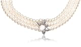 Sterling Silver White Freshwater Cultured Pearl w/ Sterling Silver and Cabochon Rose Quartz Flower Three Row Necklace