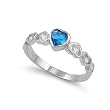 Rhodium Plated Sterling Silver 6mm Heart Shaped Blue Topaz & Clear CZ Ring (Size 4 - 10)