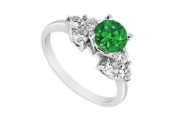 Emerald and Diamond Engagement Ring : 14K White Gold - 0.75 CT TGW
