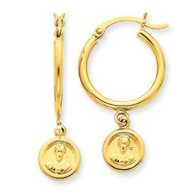 14k Gold Religious Dangle on Hoop Earrings