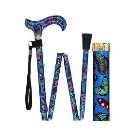 Blue Skies Butterfly Folding Adjustable Designer Derby Walking Cane with Engraved Collar