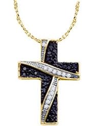 14k Yellow Gold Black Colored & Natural White Diamond Cross Crucifix Womens Ladies Unique Fashion Charm Pendant with 18" Chain - .25 (1/4) Ct.t.w.