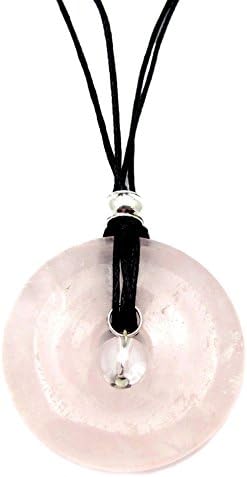 Rose Quartz Circle Pendant Charm, 22" Black Cord Necklace