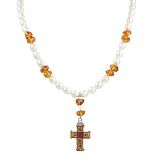 Sterling Silver Freshwater Cultured Pearl and Amber Strand Cross Necklace (7.5-8mm), 18