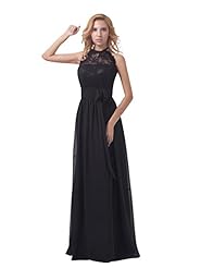 A-line Chiffon Natural   Waistline Floor Length Illusion Lace Open-Back Halter Prom Dress 