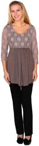 Brown Two Piece Maternity Outfit Set with Black Elastic Waist Pants Long Sleeve Lace