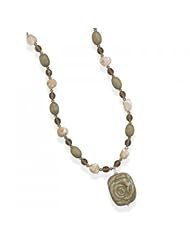 MMA Silver - 22 inch+2 inch Shell and Wood Necklace with Ceramic Rose Pendant
