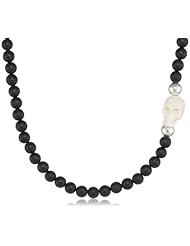 King Baby 6mm Onyx Bead White Bone Skull Necklace, 30"