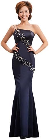 Vogue008 Womens One Shoulder Stretch Satin Ankle-length Formal Dress with Flower-18WB-Darkblue